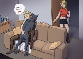 1boy 2girls backsack balls bestiality blonde hair breasts canine caught caught in the act — NTR hentai doujin