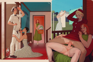 1950s 1futa 1girls 2boys accidental circumstance balls balls under clothes blonde hair — NTR hentai doujin