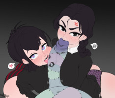 1boy 2021 2girls absurdres annoyed ass black hair black lipstick blue eyes cheating — NTR hentai doujin
