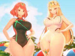 Mythra & Pyra (Xenoblade) Cartoon Porn Video – Beach – Big Breasts